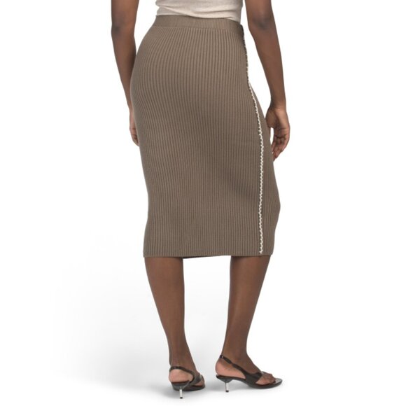 IN FEBRUARY Dark Olive Stitch Embroidery Ribbed Midi Sweater Skirt - Picture 2 of 2